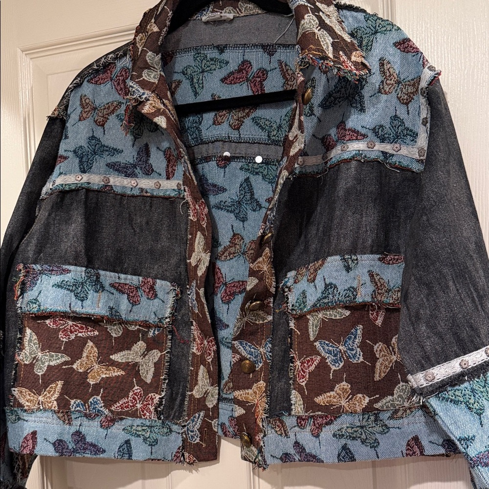 POL Multicolor Butterfly Jean Jacket
